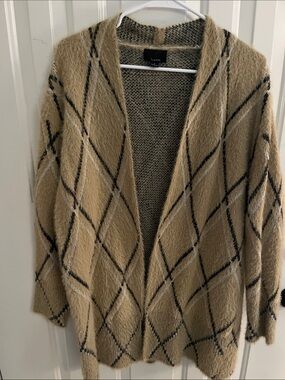 Laundry By Shelli Segal Tan & Black Diamond-Pattern Open Cardigan